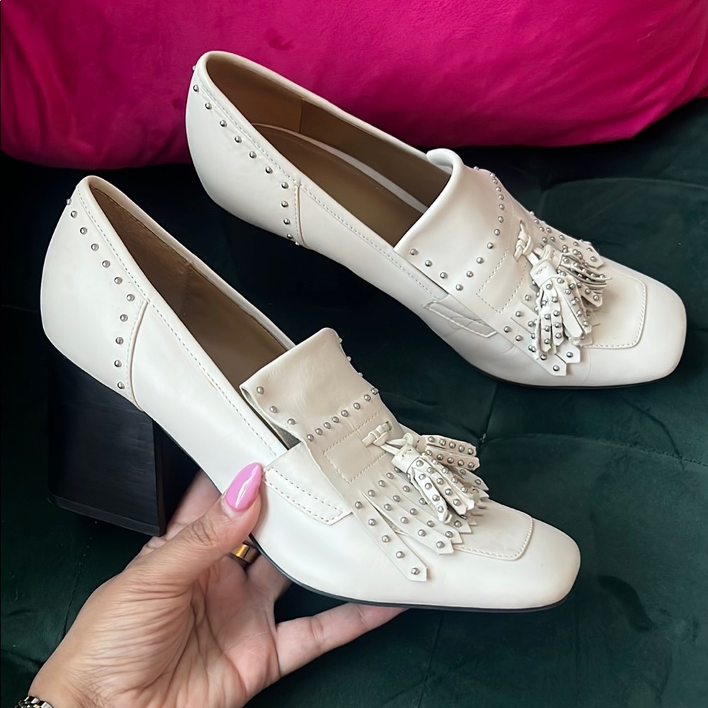 Marc Fisher Cream Heels with Fringe Detail